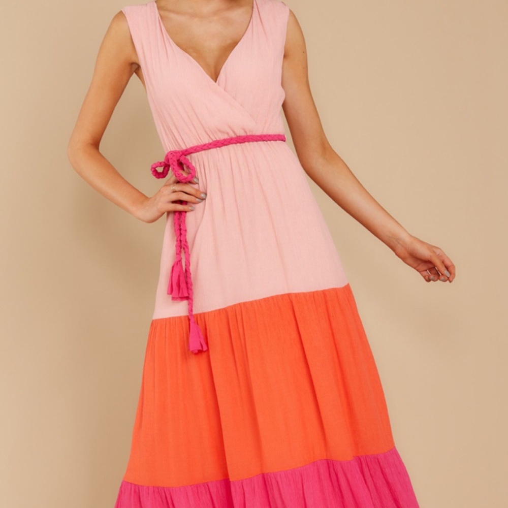 Multicolor Pink Block Colors Belted Maxi Dress - Picture 3 of 7
